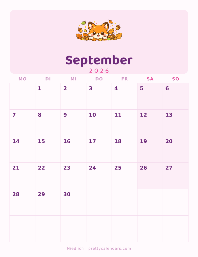 Druckbarer Kalender September 2026, Design Niedlich