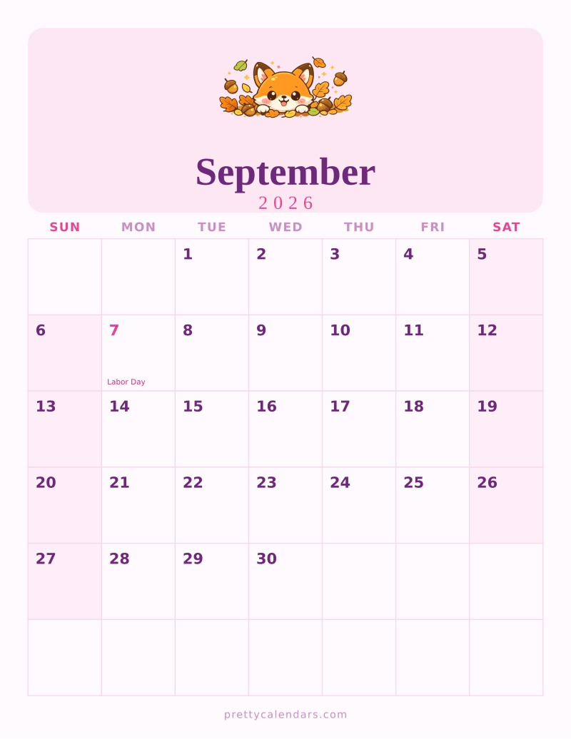 September 2026 printable calendar, Cute style