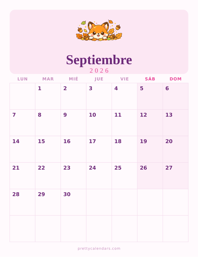 Calendario de Septiembre 2026 para imprimir, estilo Bonito