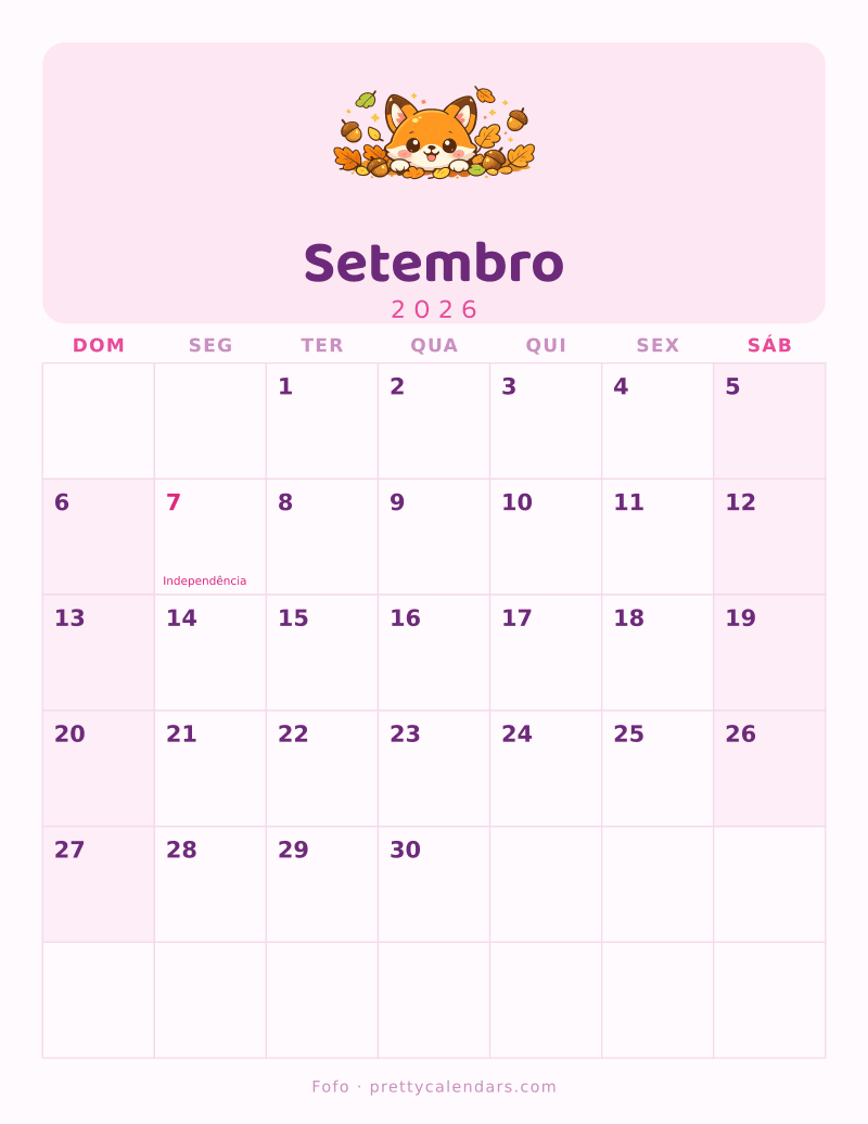 Calendário de Setembro de 2026 para imprimir, estilo Fofo