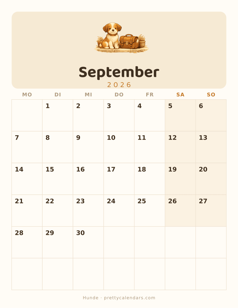Druckbarer Kalender September 2026, Design Hunde