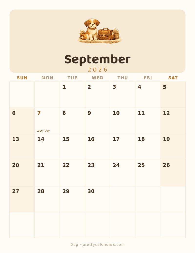 September 2026 printable calendar, Dog style