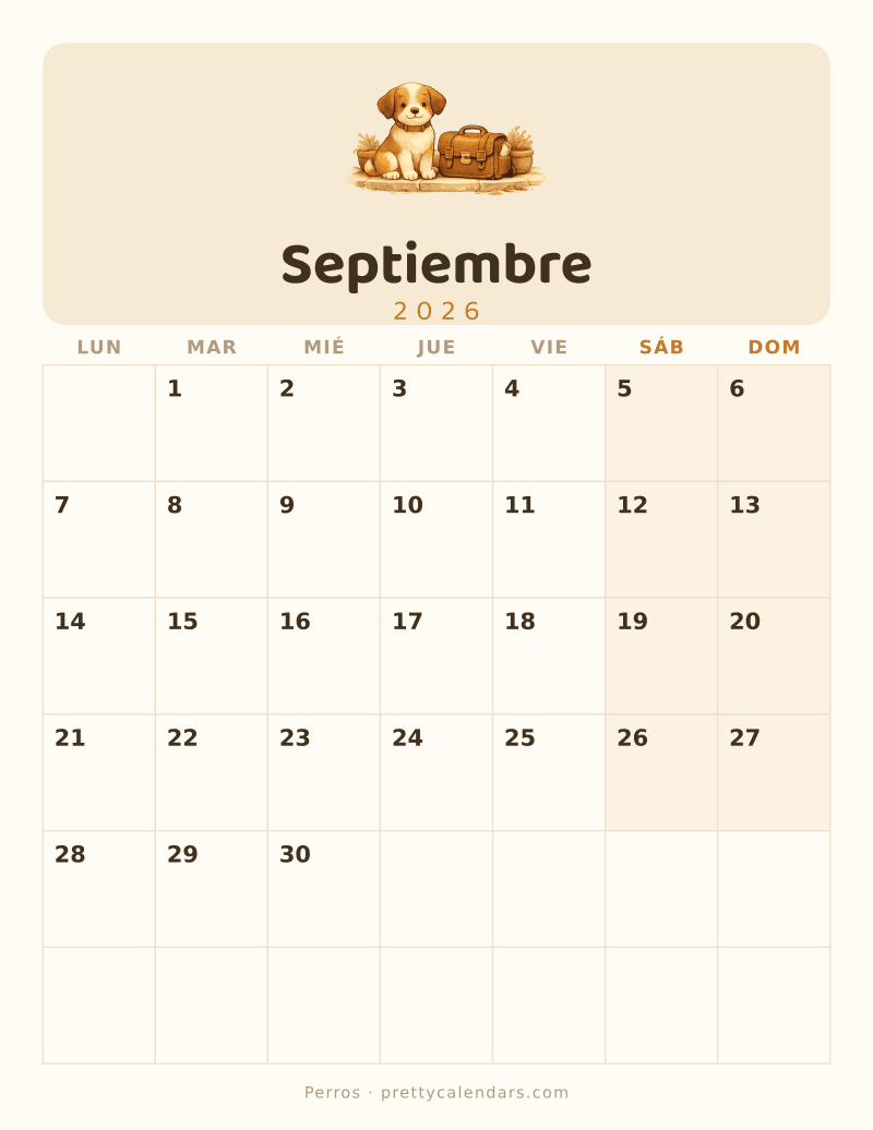 Calendario de Septiembre 2026 para imprimir, estilo Perros