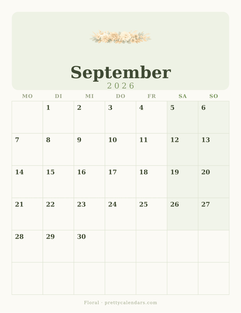 Druckbarer Kalender September 2026, Design Floral