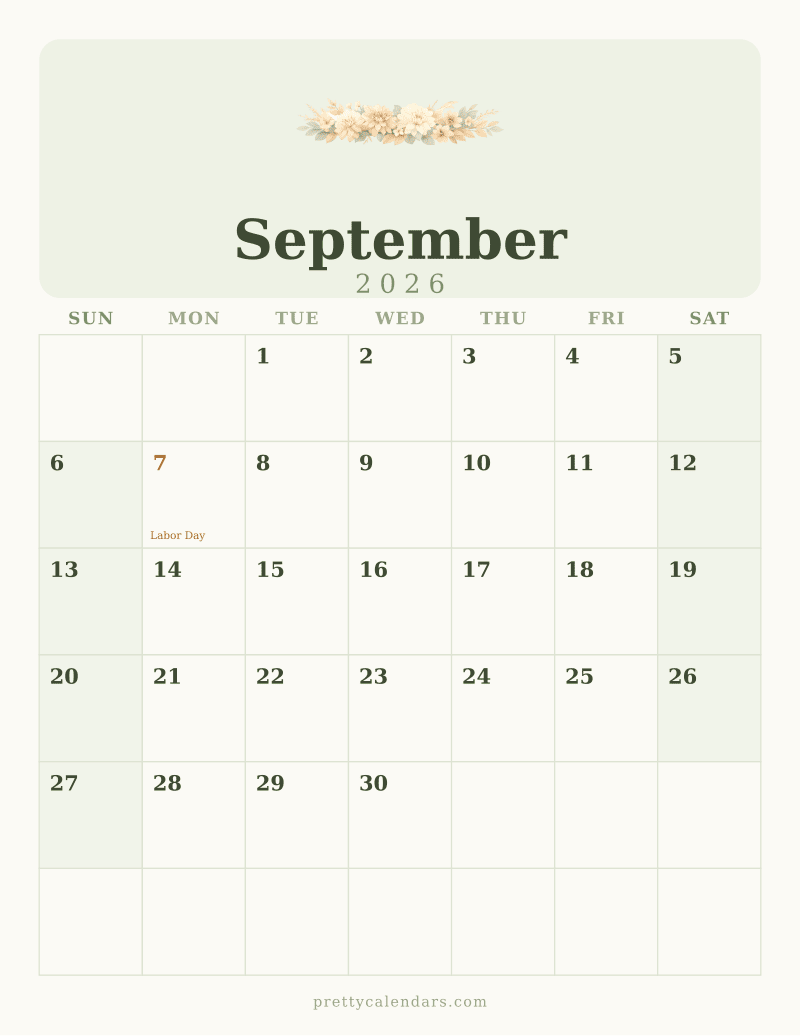 September 2026 printable calendar, Floral style