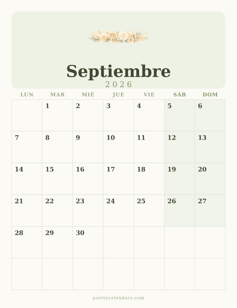 Calendario de Septiembre 2026 para imprimir, estilo Floral