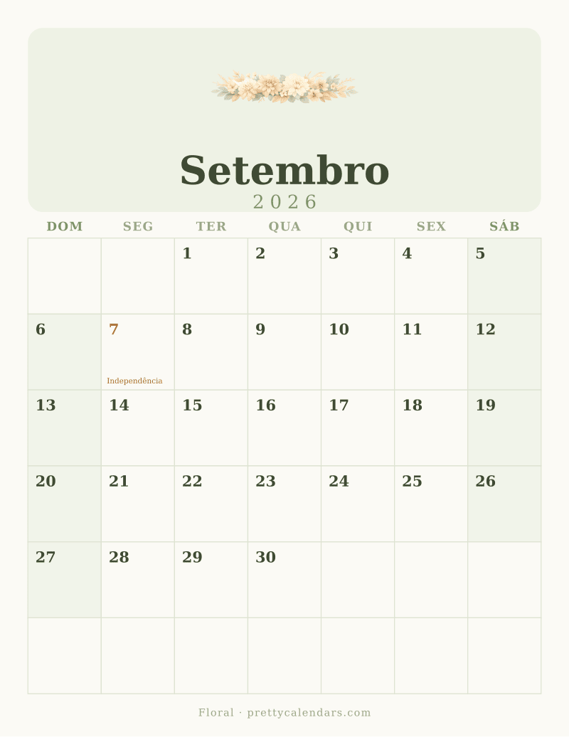 Calendário de Setembro de 2026 para imprimir, estilo Floral