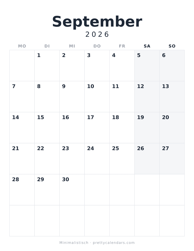 Druckbarer Kalender September 2026, Design Minimalistisch