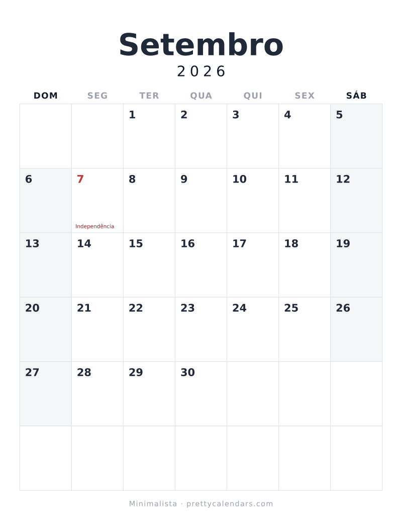 Calendário de Setembro de 2026 para imprimir, estilo Minimalista
