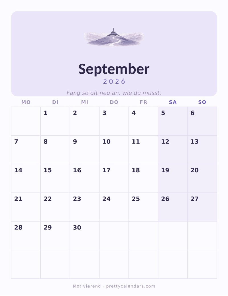 Druckbarer Kalender September 2026, Design Motivierend