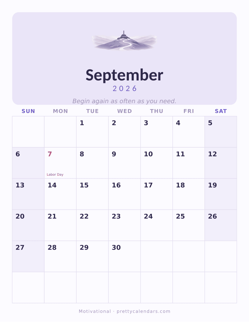 September 2026 printable calendar, Motivational style
