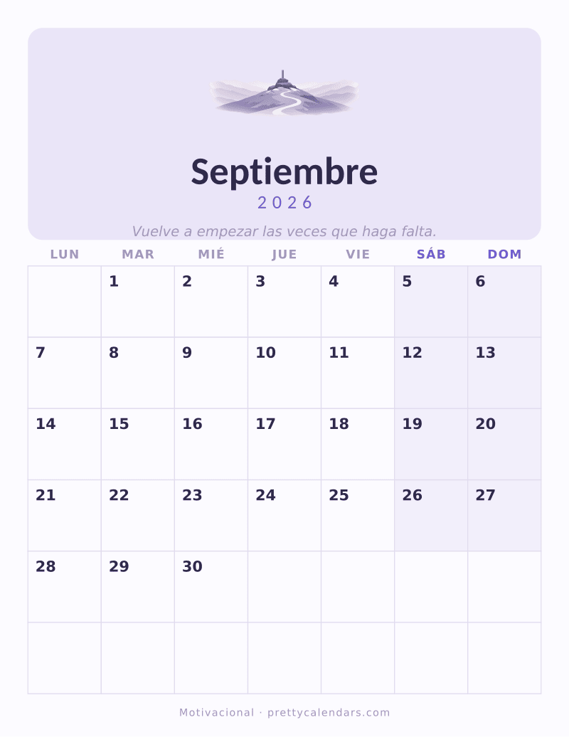 Calendario de Septiembre 2026 para imprimir, estilo Motivacional