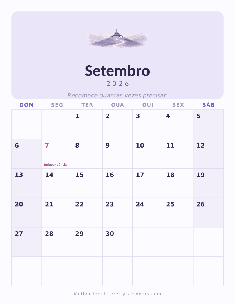 Calendário de Setembro de 2026 para imprimir, estilo Motivacional