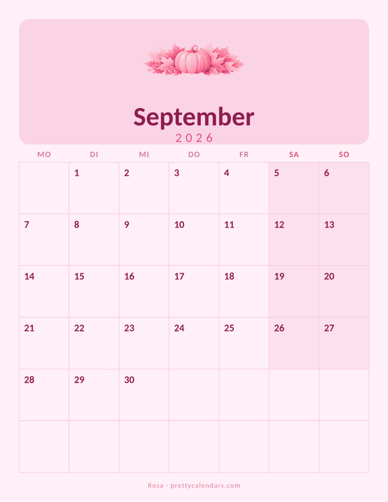 Druckbarer Kalender September 2026, Design Rosa