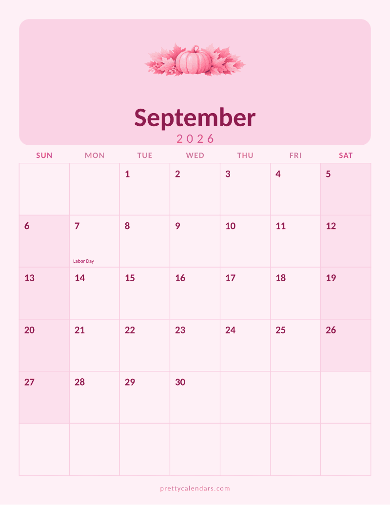 September 2026 printable calendar, Pink style
