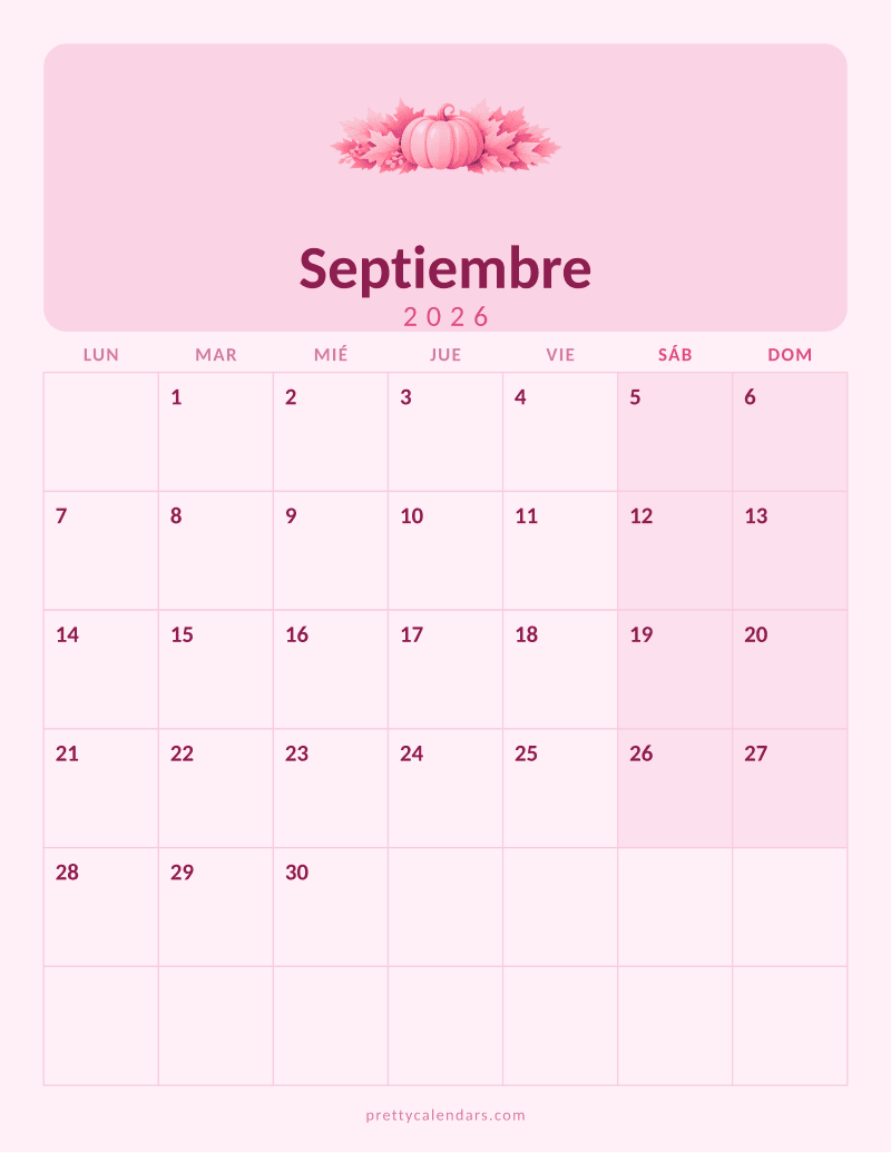 Calendario de Septiembre 2026 para imprimir, estilo Rosa