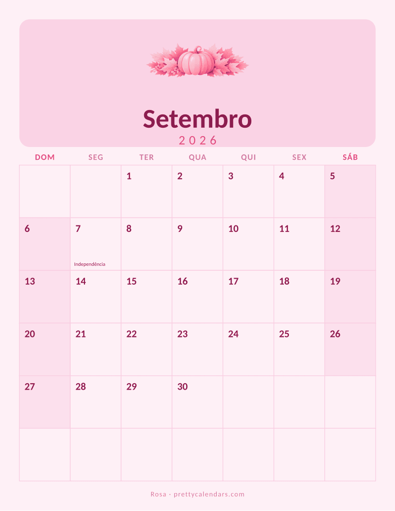 Calendário de Setembro de 2026 para imprimir, estilo Rosa