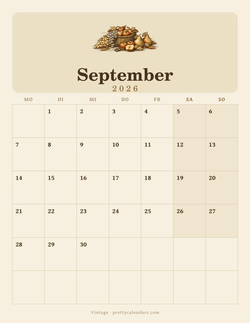 Druckbarer Kalender September 2026, Design Vintage