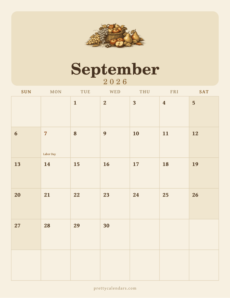 September 2026 printable calendar, Vintage style