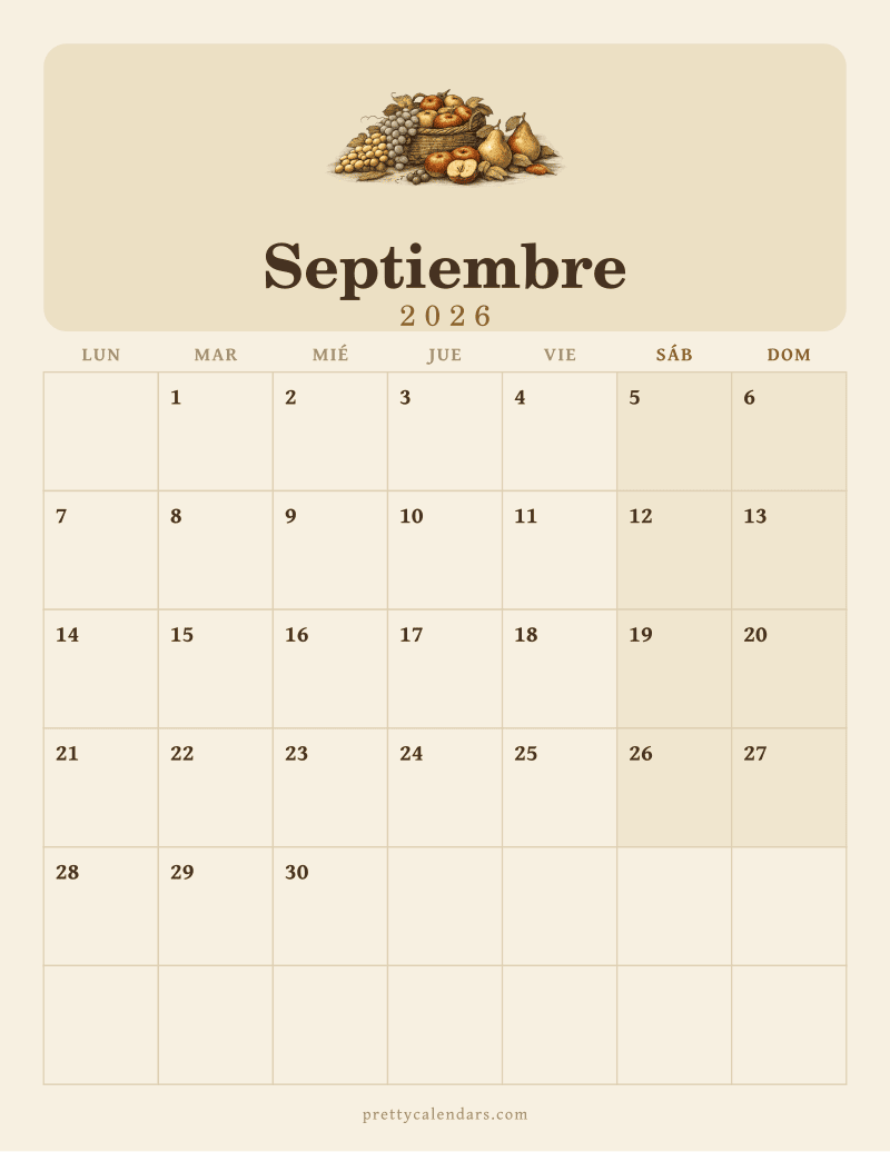 Calendario de Septiembre 2026 para imprimir, estilo Vintage