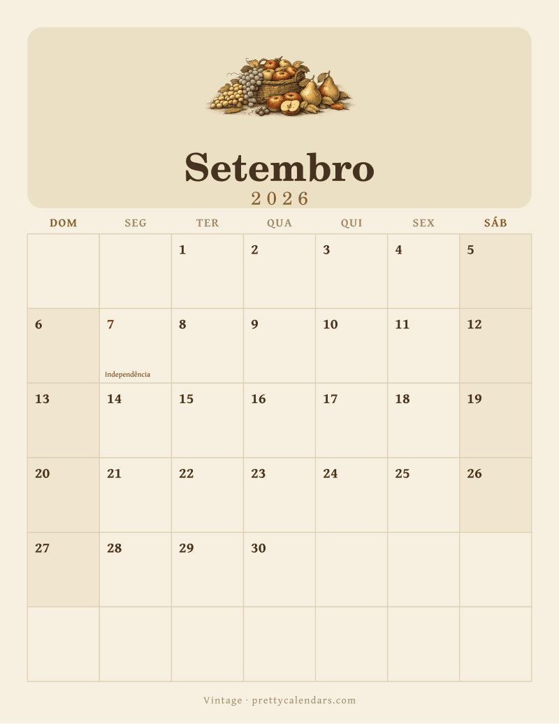 Calendário de Setembro de 2026 para imprimir, estilo Vintage