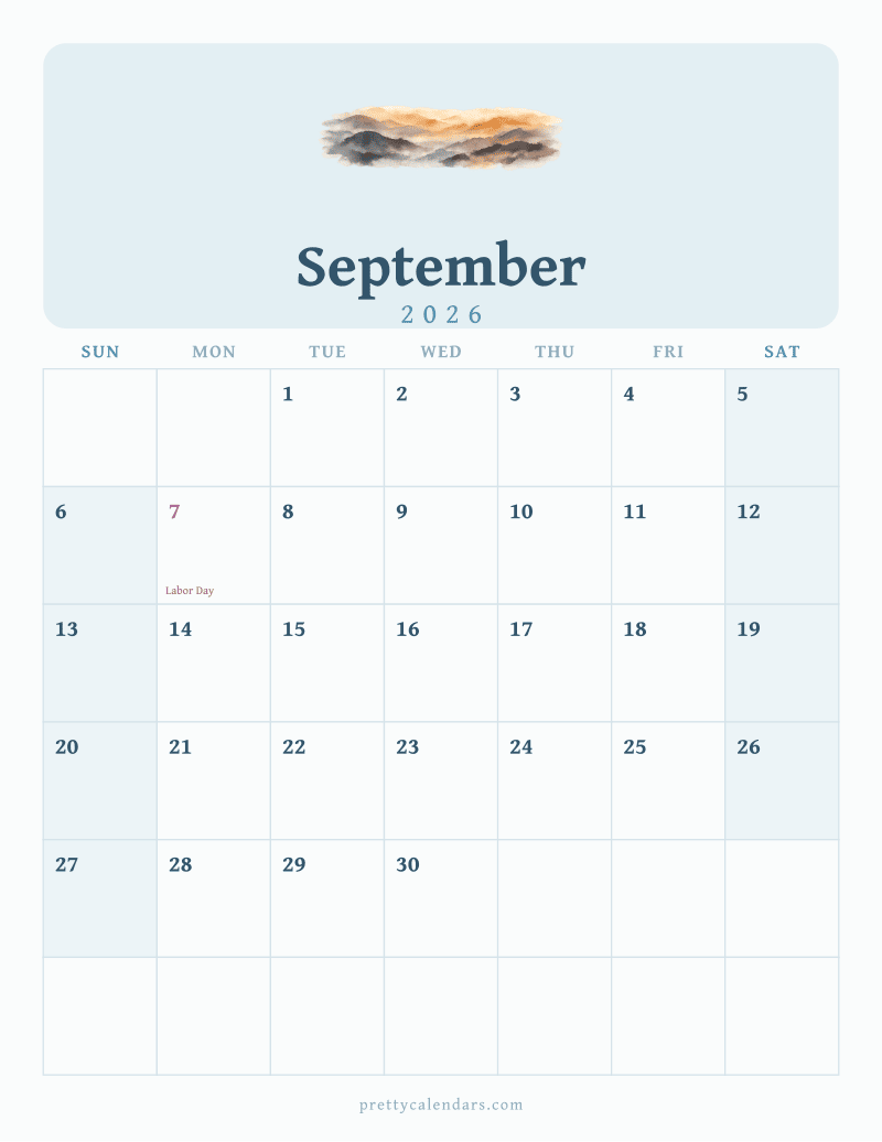 September 2026 printable calendar, Watercolor style