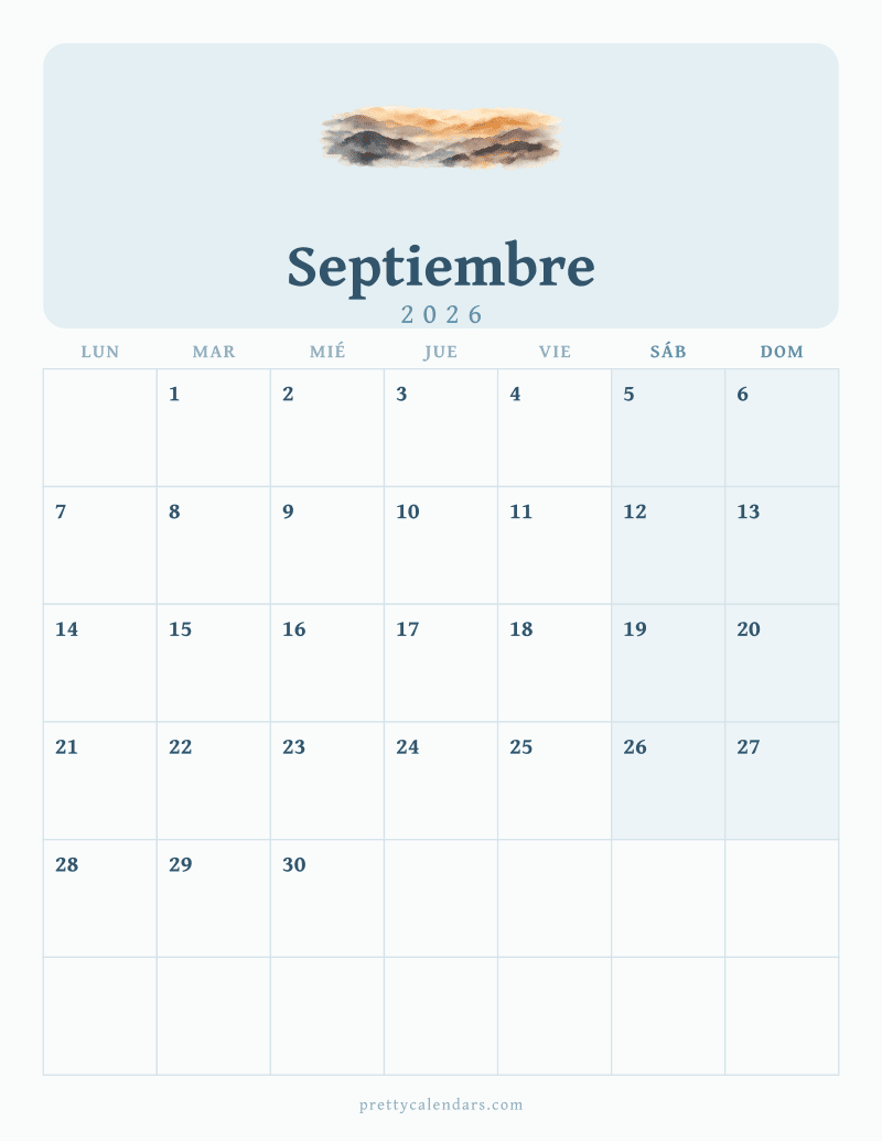 Calendario de Septiembre 2026 para imprimir, estilo Acuarela