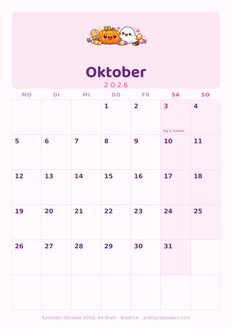 Druckbarer Kalender Oktober 2026 mit echtem A4-Format, Design Niedlich