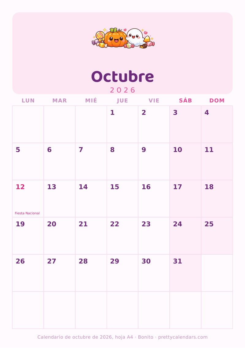 Calendario de Octubre 2026 para imprimir con las medidas de un A4, estilo Bonito