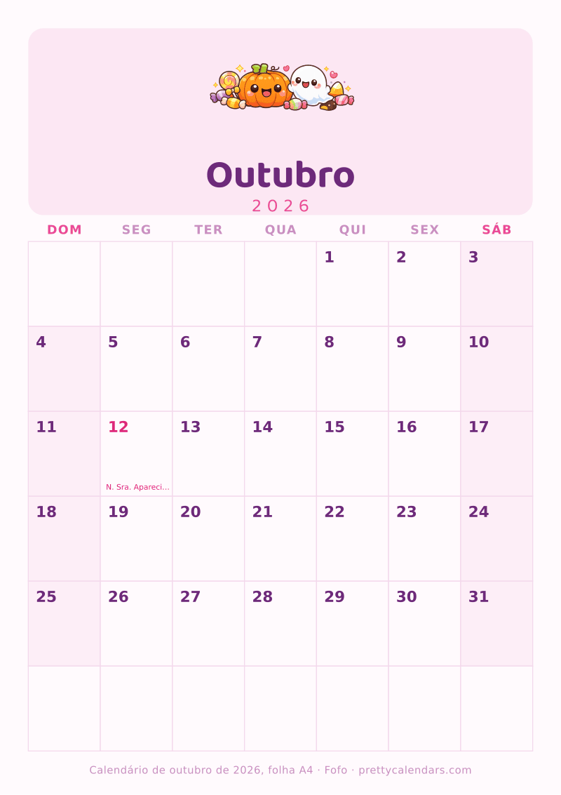 Calendário de Outubro de 2026 para imprimir com tamanho A4 real, estilo Fofo