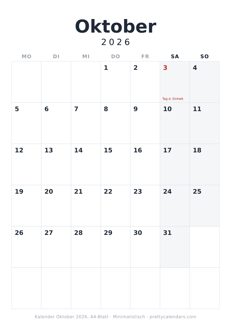 Druckbarer Kalender Oktober 2026 mit echtem A4-Format, Design Minimalistisch