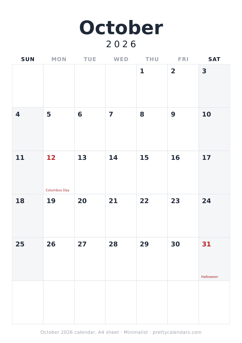 Printable October 2026 calendar sized for A4 paper, Minimalist style