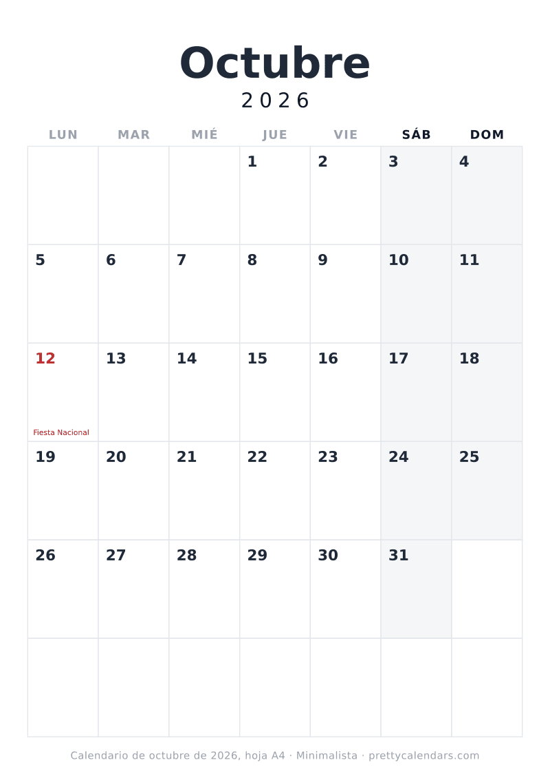 Calendario de Octubre 2026 para imprimir con las medidas de un A4, estilo Minimalista
