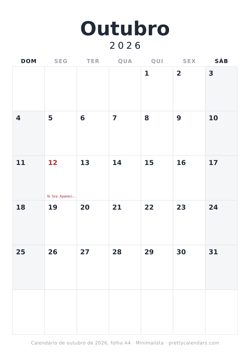 Calendário de Outubro de 2026 para imprimir com tamanho A4 real, estilo Minimalista