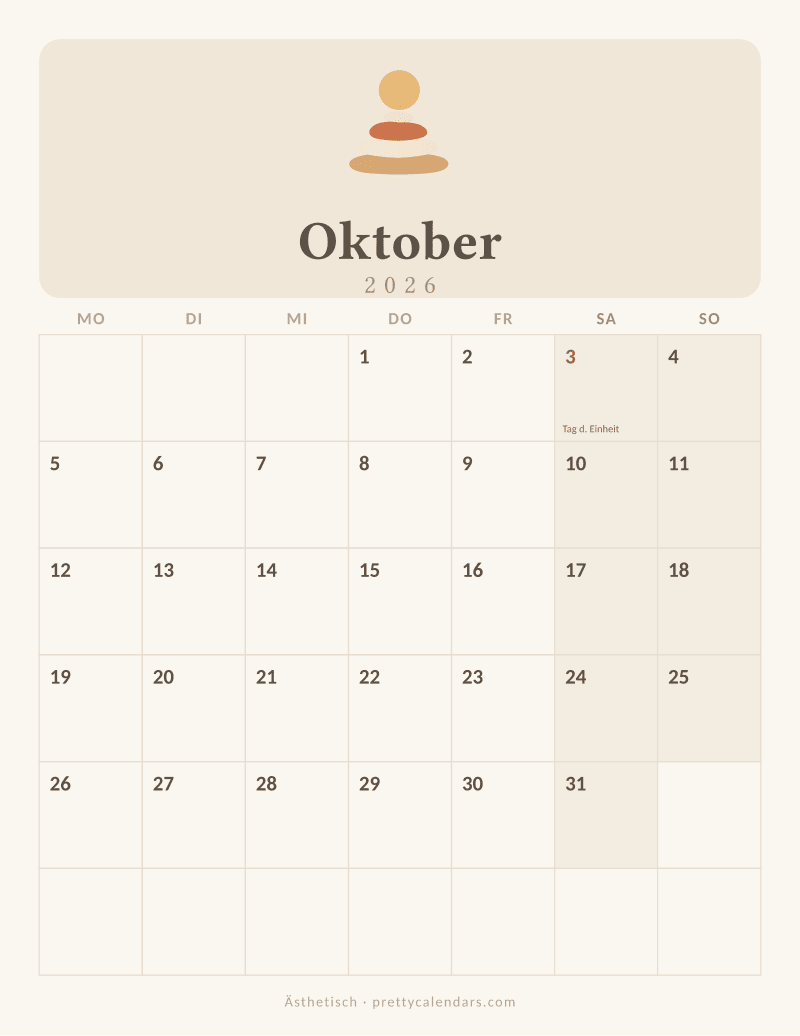 Druckbarer Kalender Oktober 2026, Design Ästhetisch
