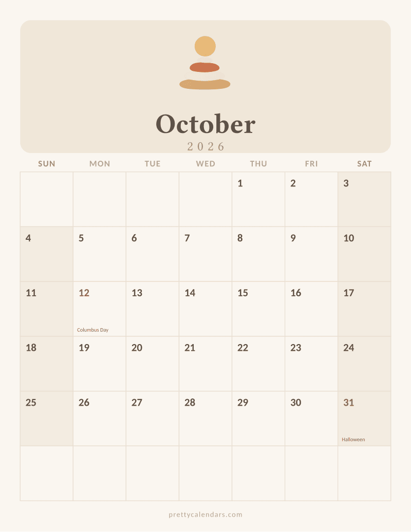 October 2026 printable calendar, Aesthetic style