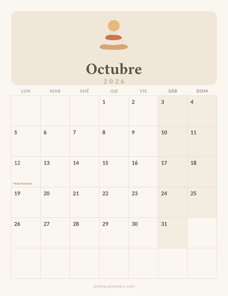 Calendario de Octubre 2026 para imprimir, estilo Aesthetic