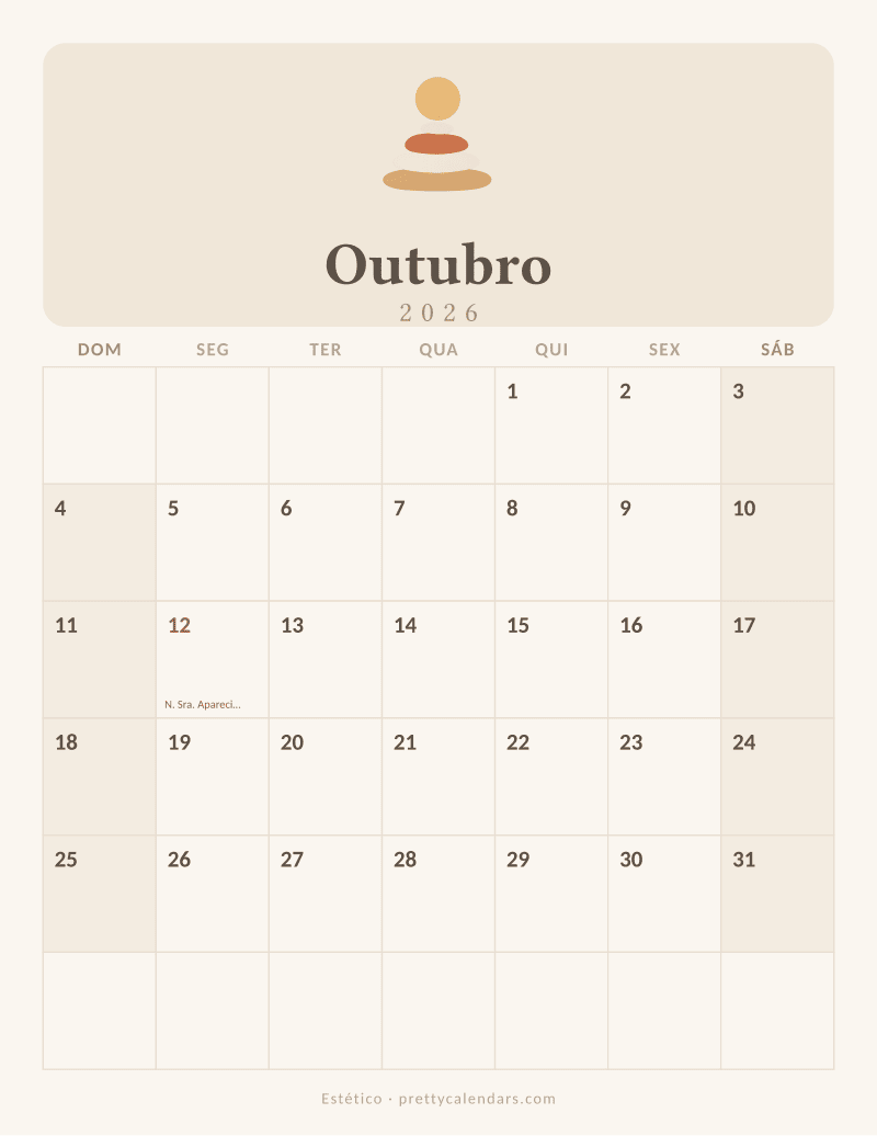 Calendário de Outubro de 2026 para imprimir, estilo Estético