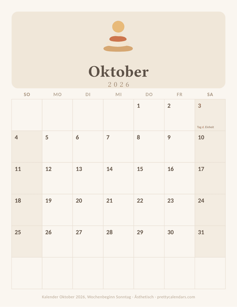 Druckbarer Kalender Oktober 2026 mit alternativem Wochenbeginn, Design Ästhetisch