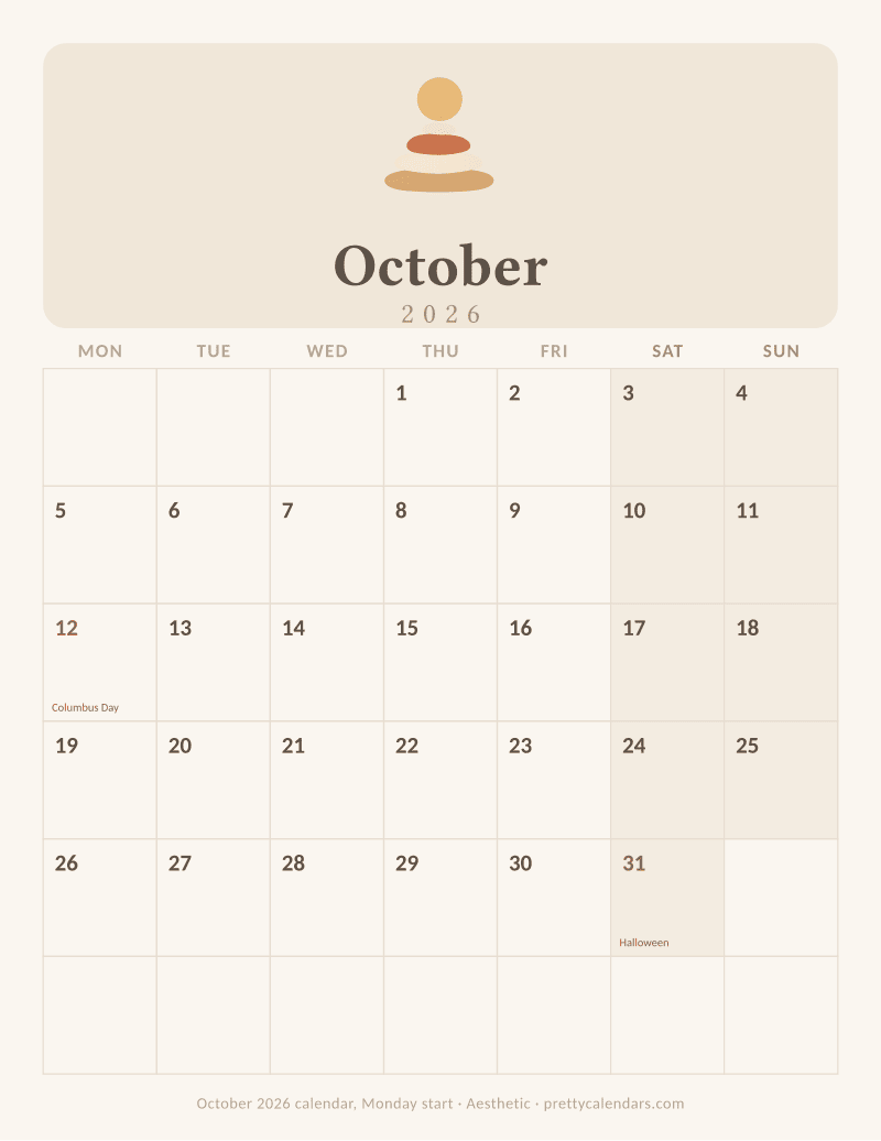 Printable October 2026 calendar with the week starting on Monday, Aesthetic style