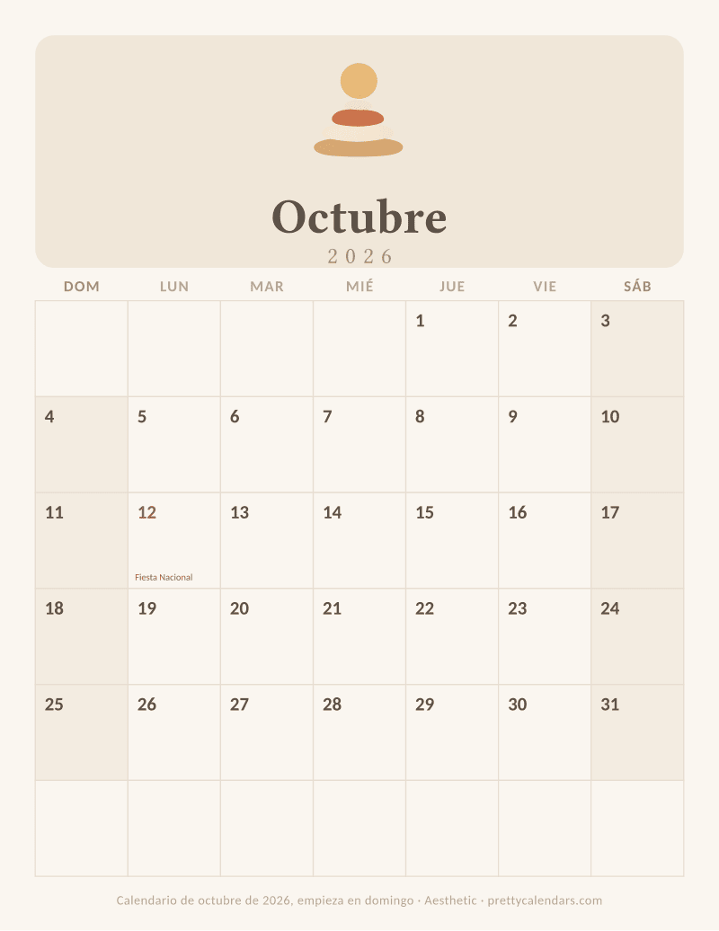 Calendario de Octubre 2026 para imprimir con la semana empezando en domingo, estilo Aesthetic