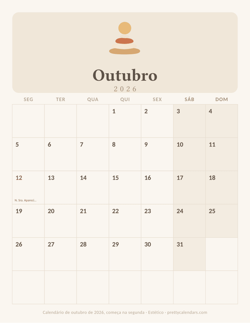Calendário de Outubro de 2026 para imprimir com outro início da semana, estilo Estético