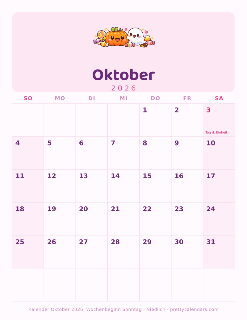 Druckbarer Kalender Oktober 2026 mit alternativem Wochenbeginn, Design Niedlich