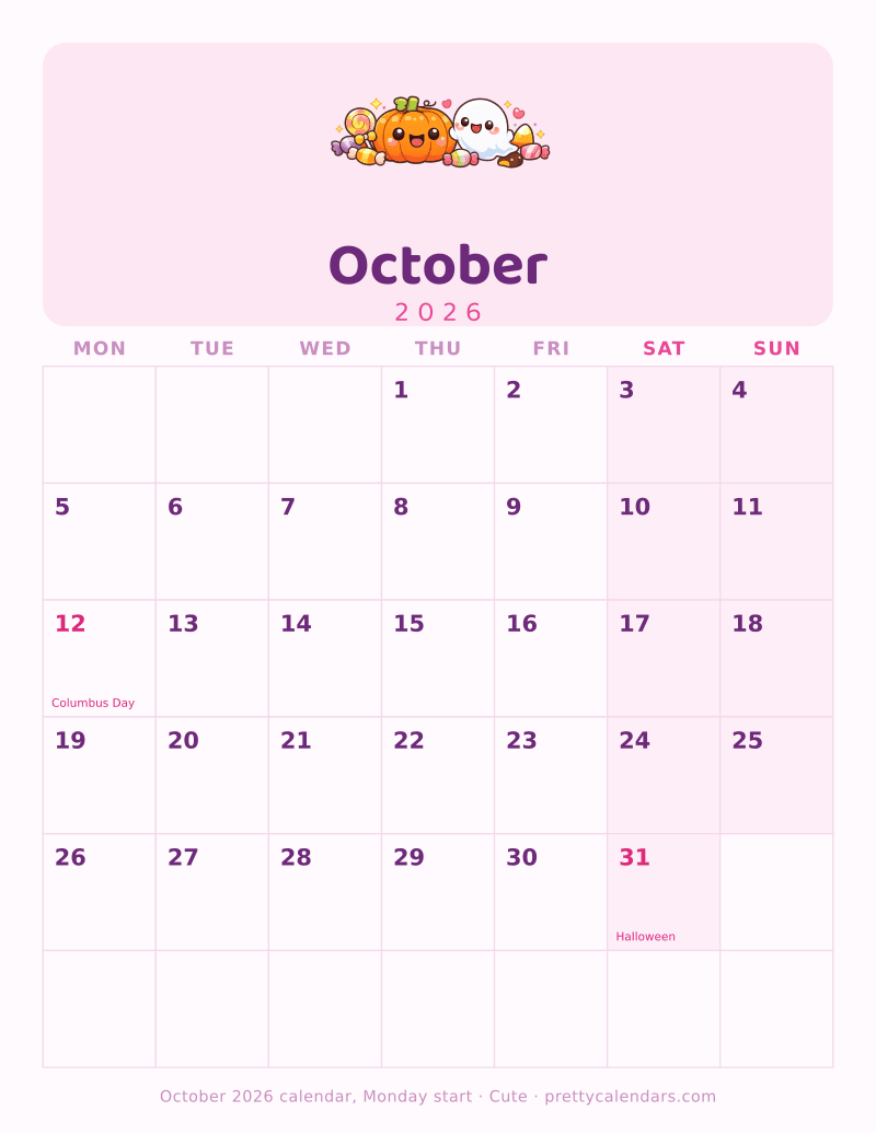 Printable October 2026 calendar with the week starting on Monday, Cute style