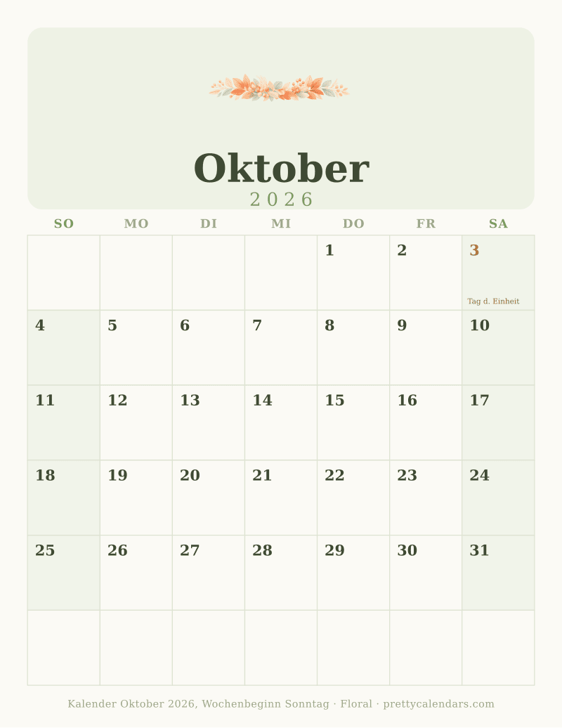 Druckbarer Kalender Oktober 2026 mit alternativem Wochenbeginn, Design Floral