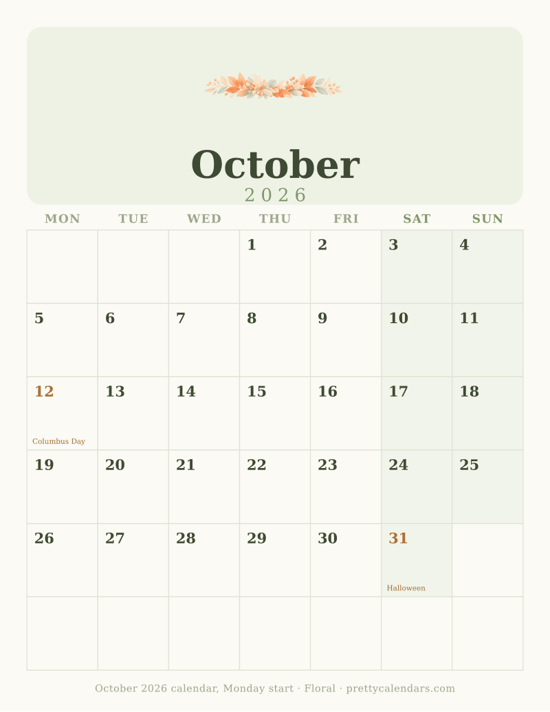 Printable October 2026 calendar with the week starting on Monday, Floral style