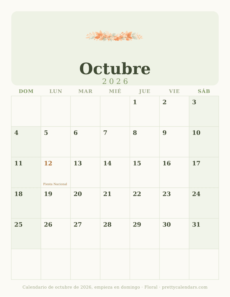 Calendario de Octubre 2026 para imprimir con la semana empezando en domingo, estilo Floral