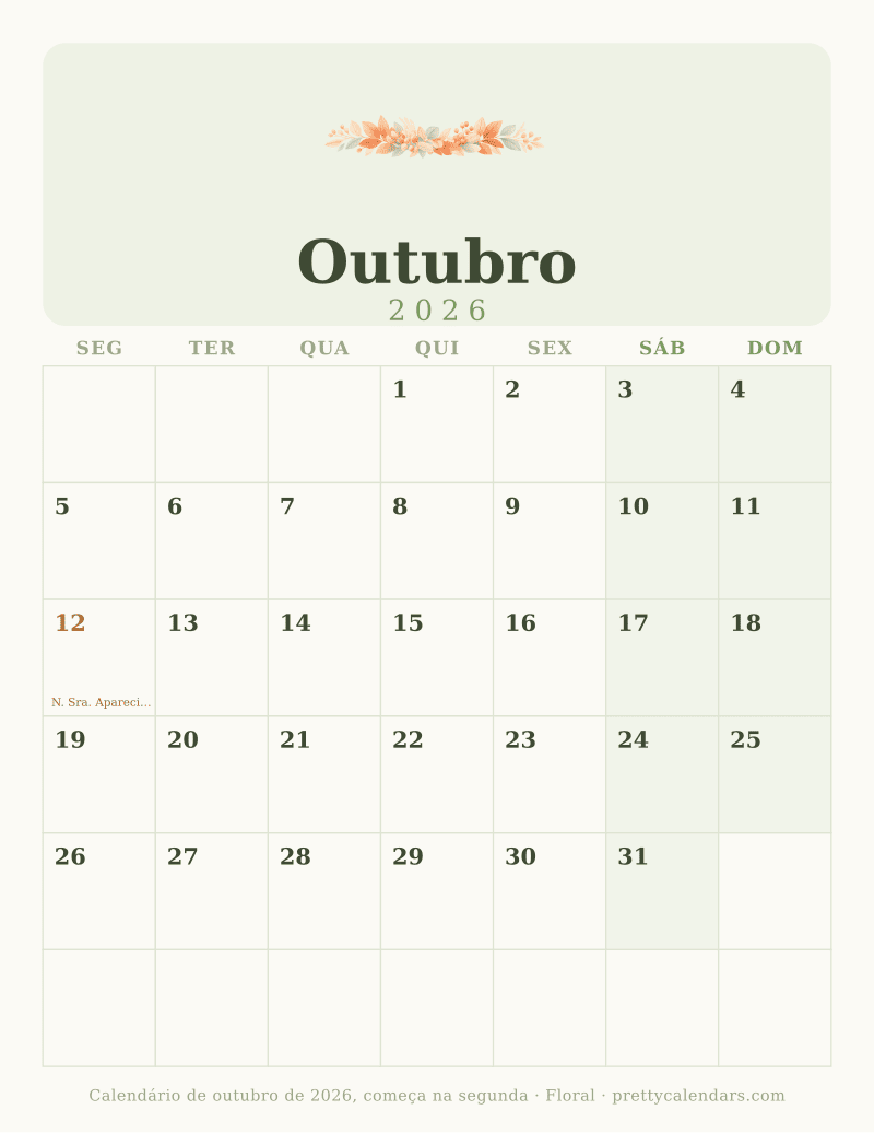 Calendário de Outubro de 2026 para imprimir com outro início da semana, estilo Floral