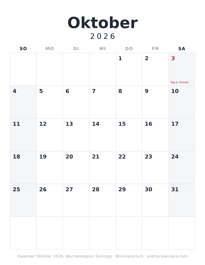 Druckbarer Kalender Oktober 2026 mit alternativem Wochenbeginn, Design Minimalistisch