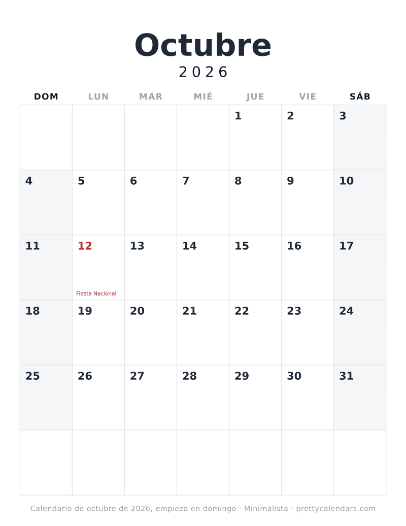 Calendario de Octubre 2026 para imprimir con la semana empezando en domingo, estilo Minimalista